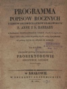 Programma popis&oacute;w rocznych uczni&oacute;w obudw&oacute;ch lice&oacute;w krakowskich S. Anny i S. Barbary w Amfiteatrze Nowodworskim [...] na kt&oacute;re prześwietną publiczność prorektorowie obudw&oacute;ch lice&oacute;w zapraszają
