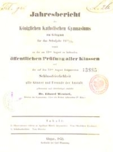 Jahresbericht des K&ouml;niglichen Katholischen Gymnasiums zu Glogau f&uuml;r das Schuljahr 1851/52